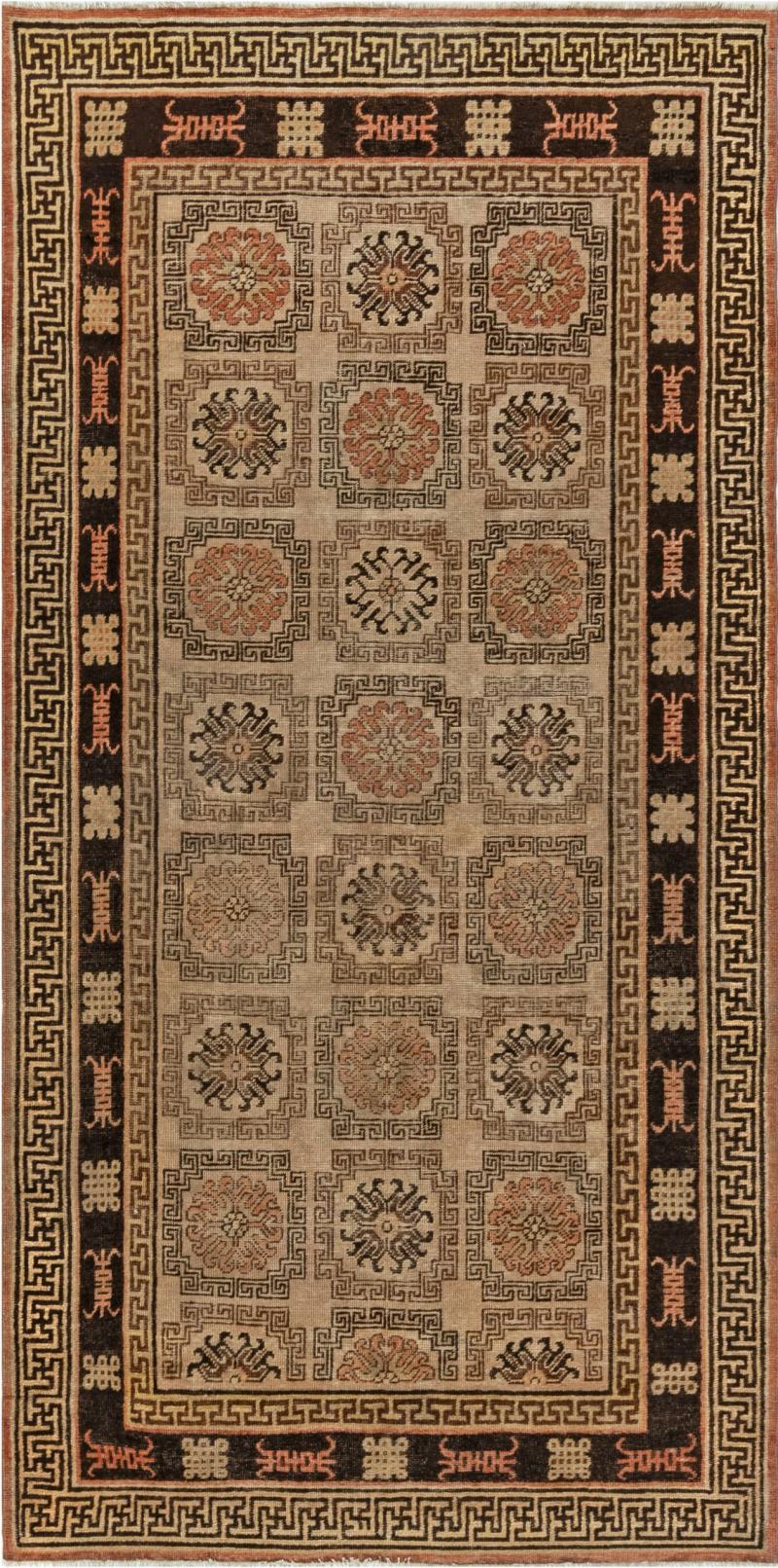 Mid 20th century Samarkand Beige Brown and Orange Handmade Wool Rug