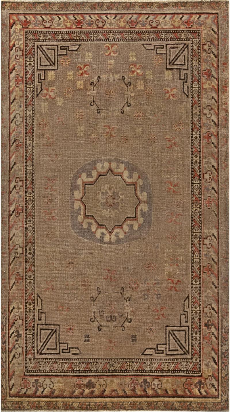 Mid 20th century Samarkand Brown Orange Purple Handmade Wool Rug