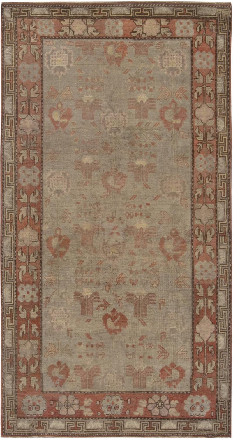 Mid 20th century Samarkand Green and Orange Handmade Wool Rug