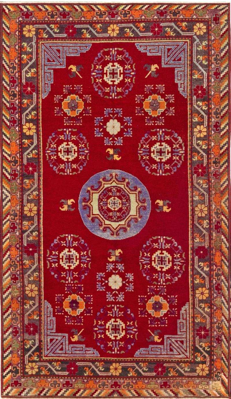 Mid 20th century Samarkand Red Blue Handmade Wool Rug