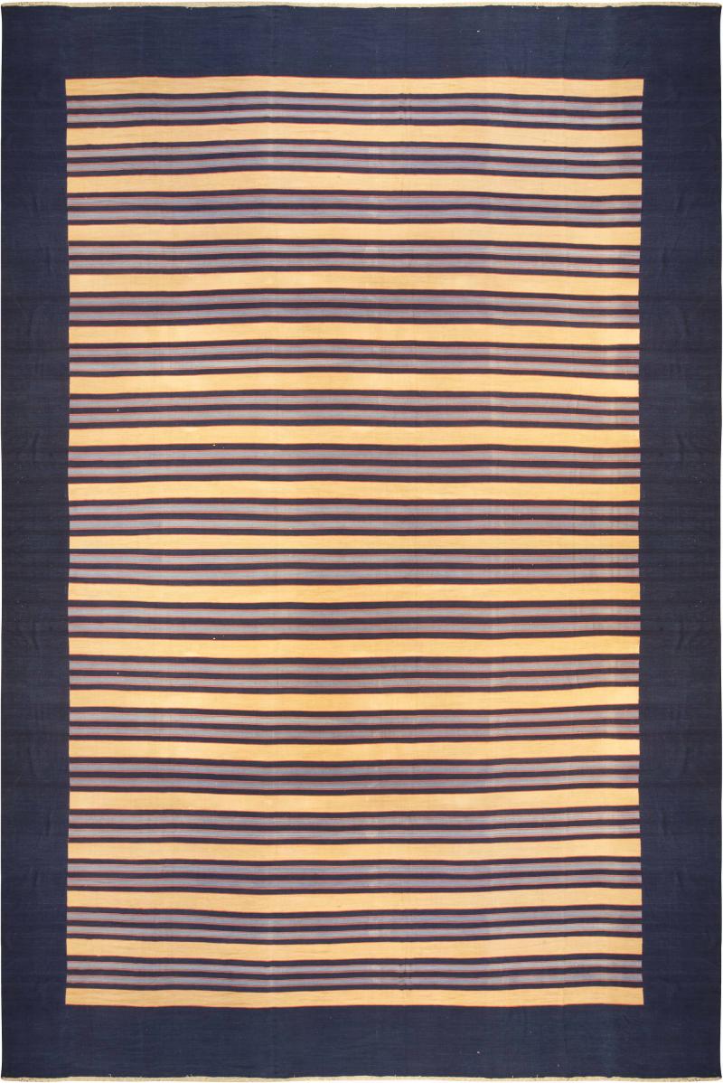Mid 20th century Striped Navy Blue with Apricot Yellow Indian Dhurrie Rug