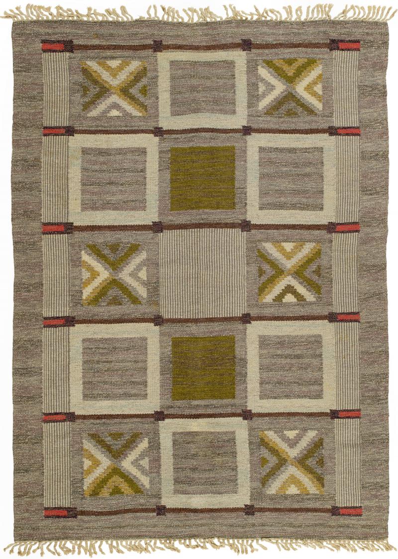 Mid 20th century Swedish Geometric Brown Gray Green Flat Weave Wool Rug