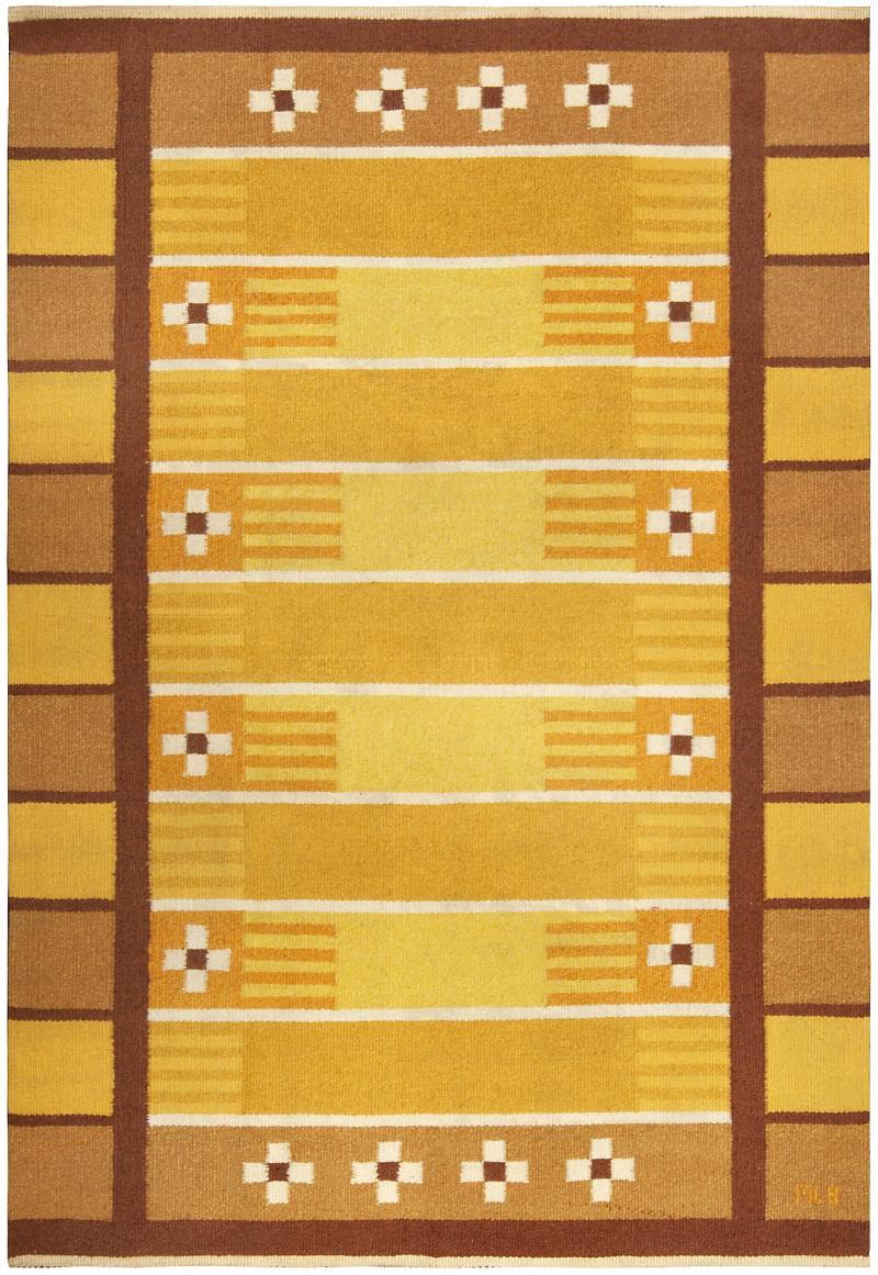 Mid 20th century Swedish Yellow Brown and White Handwoven Wool Rug