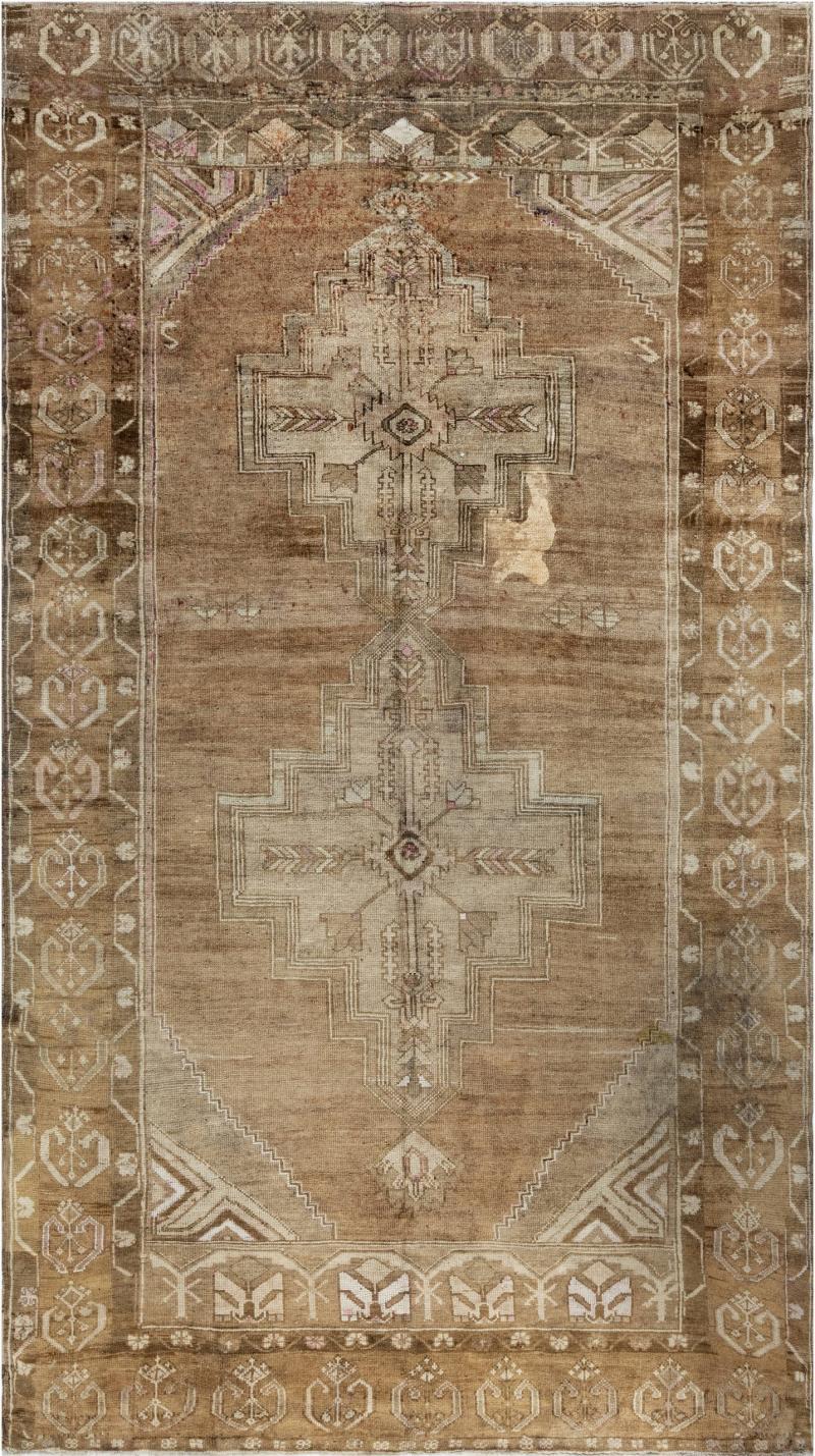 Mid 20th century Turkish Oushak Beige Brown Handmade Wool Rug