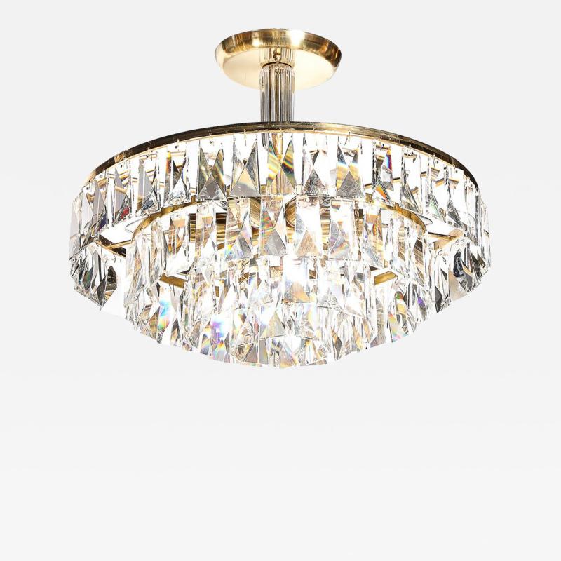 Mid Century 3 Tier Faceted Cut Crystal Chandelier in Brass w Glass Rod Detail