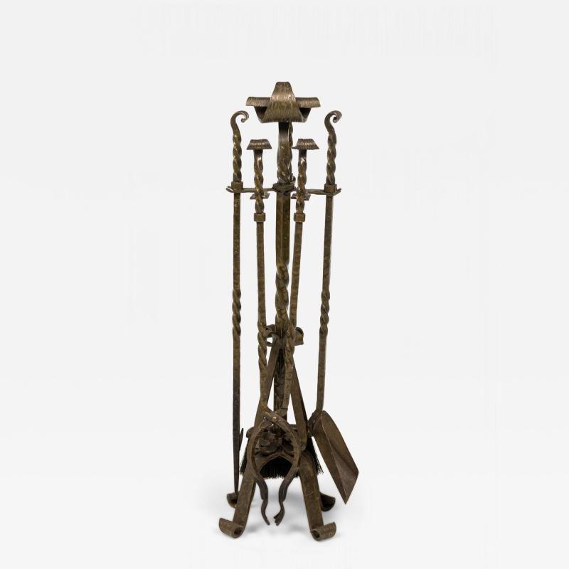 Mid Century American 4 Piece Twisted Design Wrought Bronze Fire Tool Set
