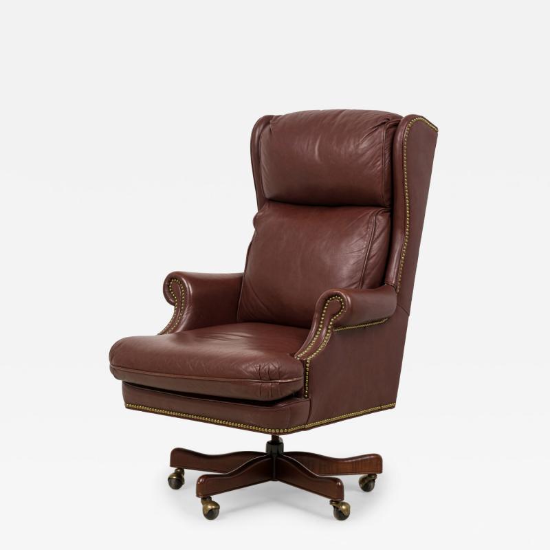 Mid Century American Brown Leather Wingback Executive Office Chair