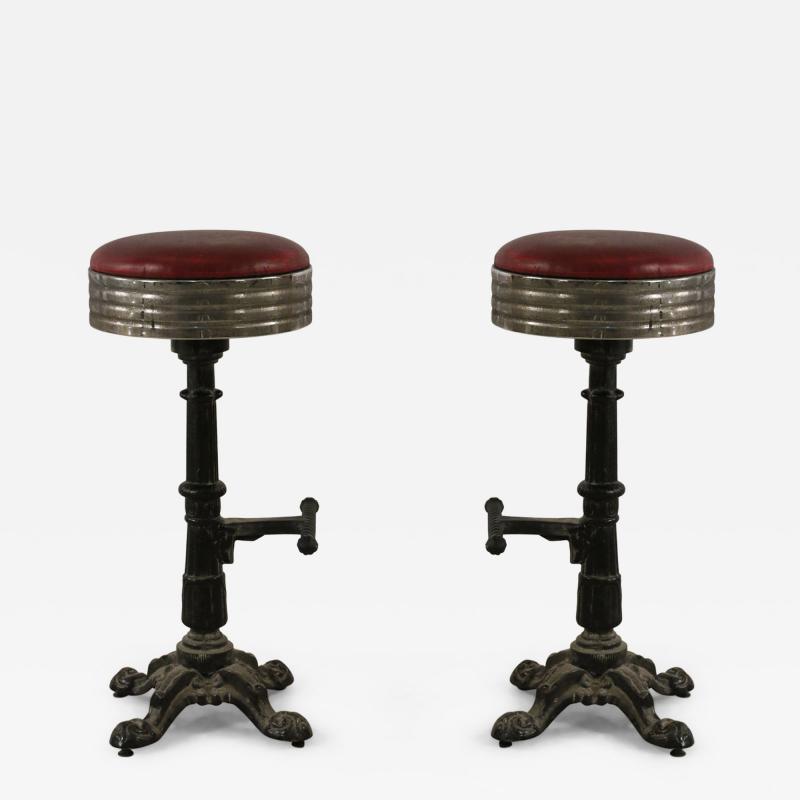 Mid Century American Red Vinyl and Cast Metal Bar Stools