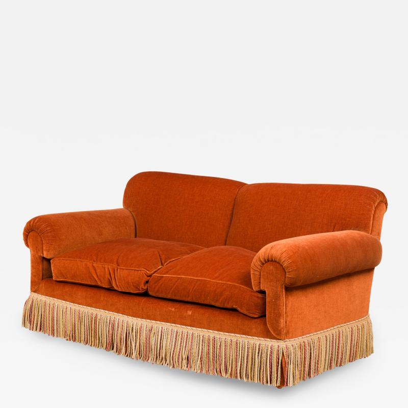 Mid Century American Rust Velvet Upholstered Two Seater Fringed Sofa