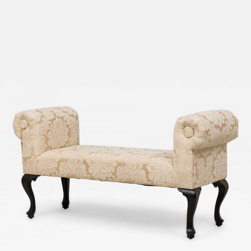 Mid Century American Scroll Arm Upholstered Bench with Beige Damask Floral Uphol