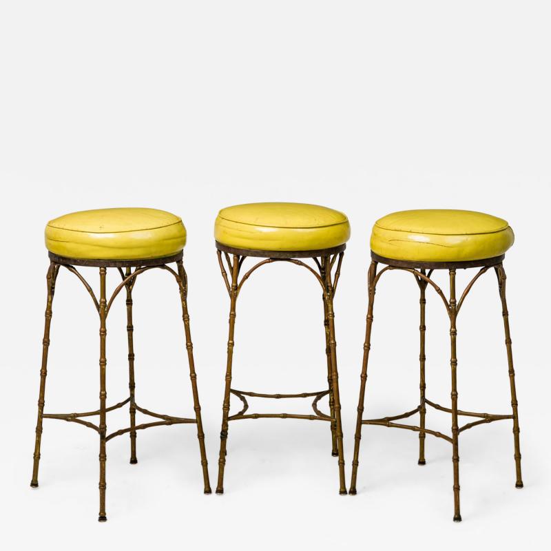 Mid Century American Yellow Leather and Brass Faux Bamboo Bar Stools