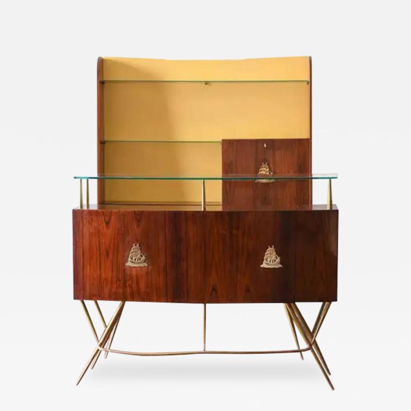Mid Century Bar Counter in wood brass and glass Italian artisan production 