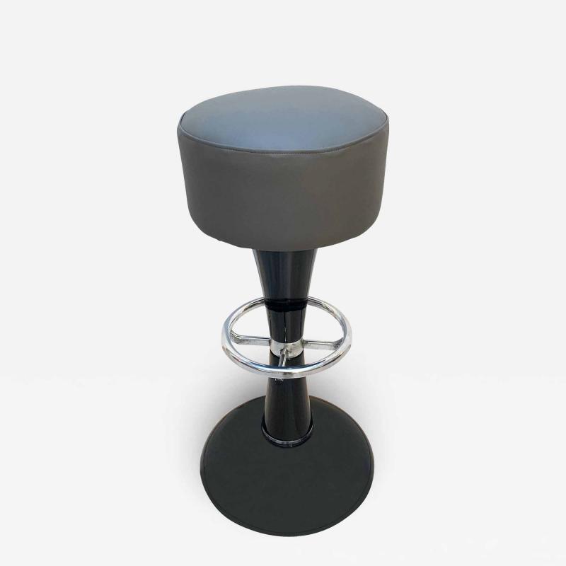 Mid Century Bar Stools Black Lacquered and Chromed Grey Leather France 1950s