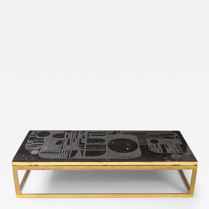 Mid Century Bluestone Coffee Table Geometric Relief Design Belgium 1960