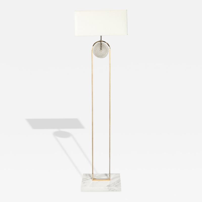 Mid Century Brass Arch Floor Lamp w Textured Glass Medallion White Marble