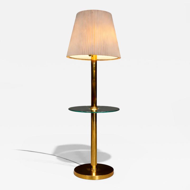 Mid Century Brass Floor Lamp with Integrated Glass Shelf and Pleated Shade