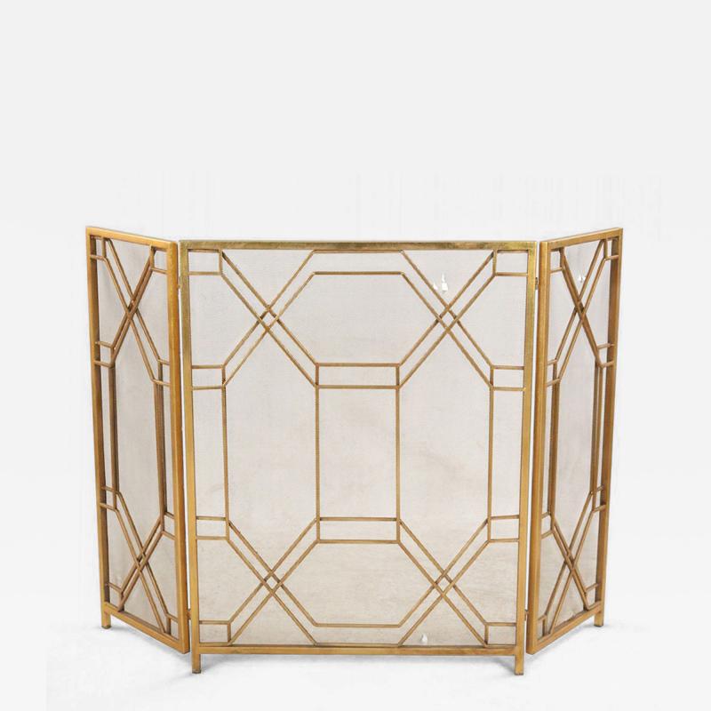 Mid Century Brass Framed Tri Fold Fire Screen