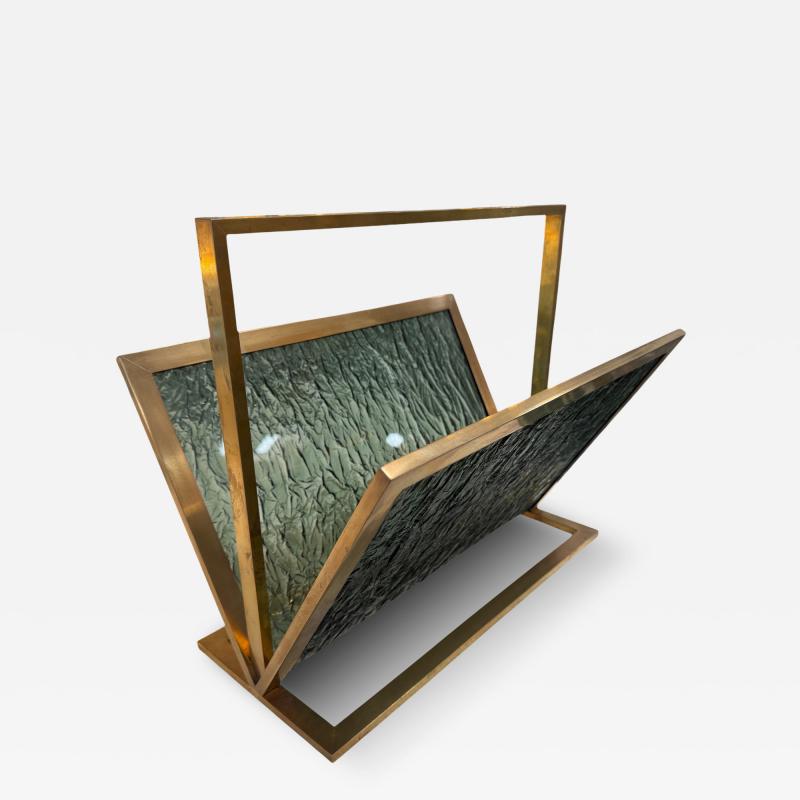 Mid Century Brass and Green Plexiglass Magazine Holder Italy