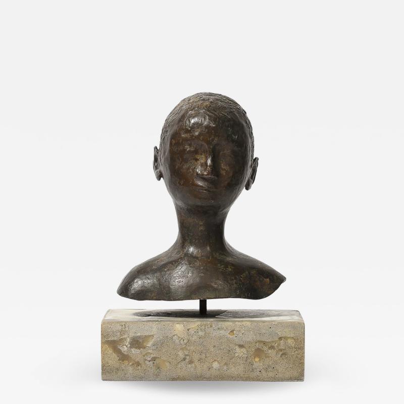 Mid Century Bronze Bust Sculpture on Stone Concrete Base signed Khalil Gibran