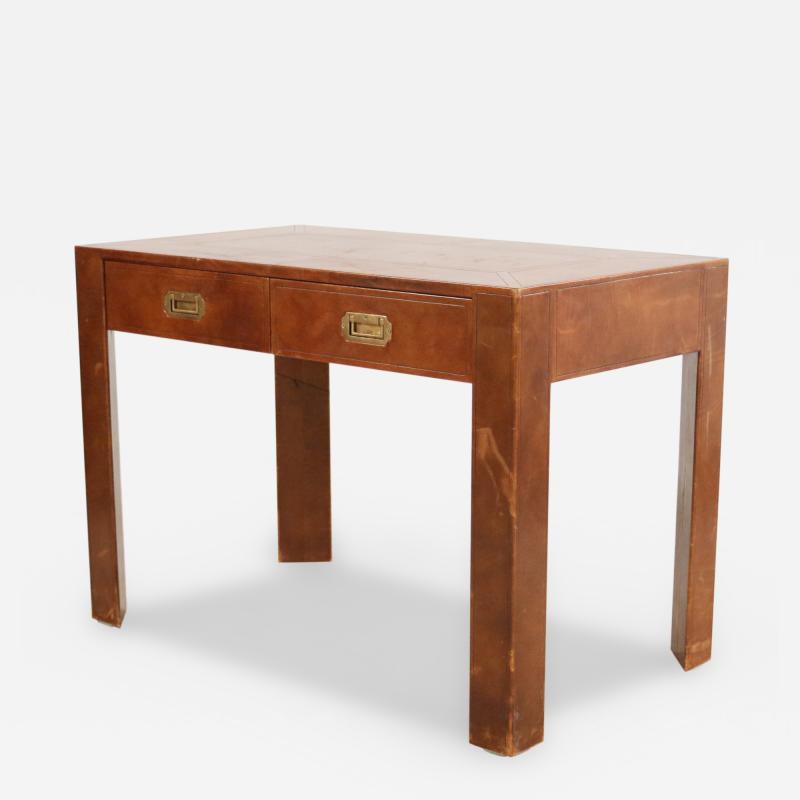 Mid Century Brown Leather Covered 2 Drawer Desk