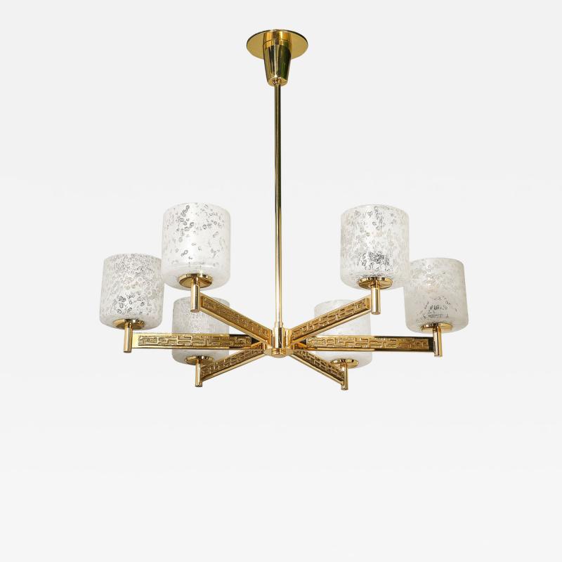 Mid Century Brutalist Six Arm Textural Brass Mottled Glass Chandelier