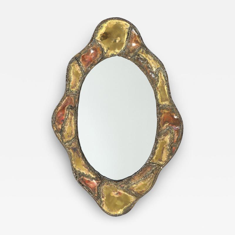 Mid Century Brutalist Textural Welded Brass Copper Bordered Signed Mirror