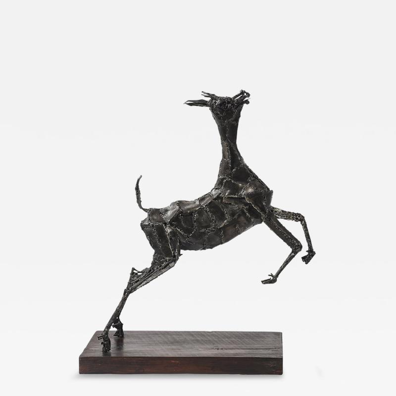 Mid Century Brutalist Welded Bronze Sculpture of a Leaping Goat on Wood Base