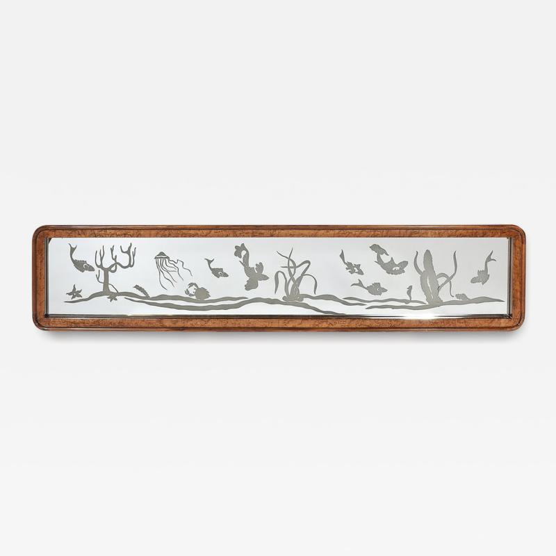 Mid Century Burled Walnut Bordered Mirror W Graphic Acid Etched Oceanic Motif