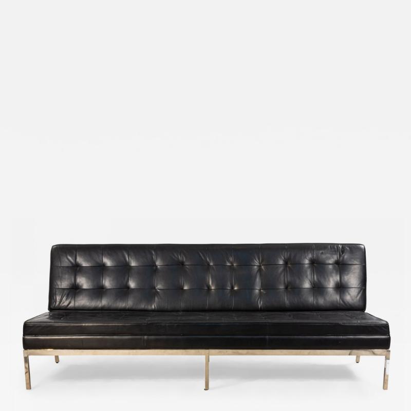 Mid Century Button Tufted Black Leather Armless 3 Seat Sofa