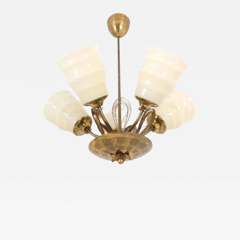Mid Century Ceiling Lamp in Brass Glass with Spring Decorations Finland 1950s