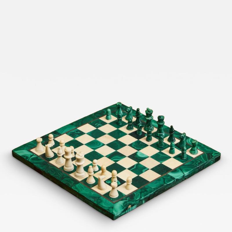 Mid Century Chess Set in Malachite and Brass 1960s