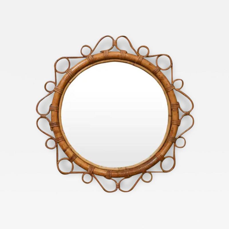 Mid Century Circular Rattan Mirror With Handwoven Thin Patterns
