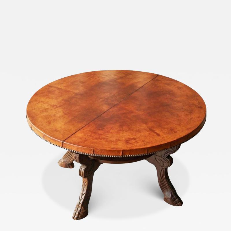 Mid Century Coffee Table in Solid Wood and Patinated Cognac Leather