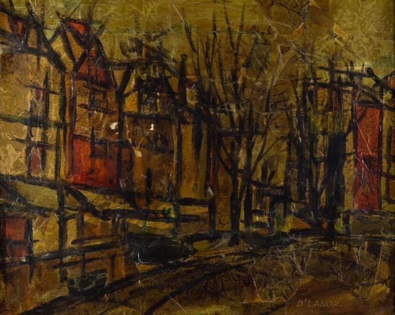 Mid Century DLanor Abstract Cityscape Oil On Canvas Painting