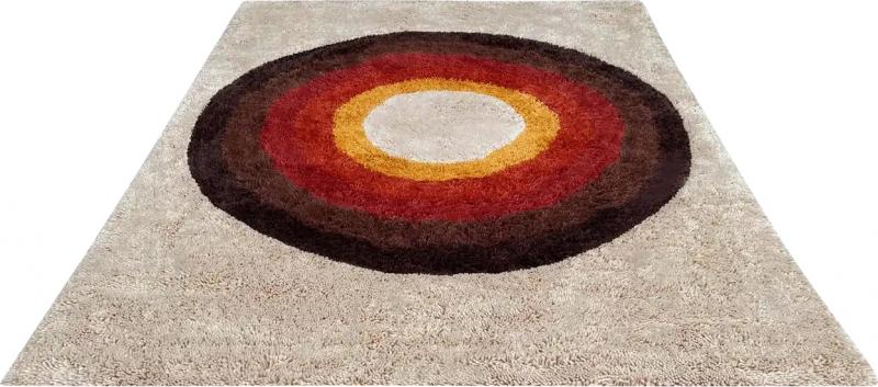 Mid Century Danish Style Rya Area Shag Rug in Modern Bullseye Design