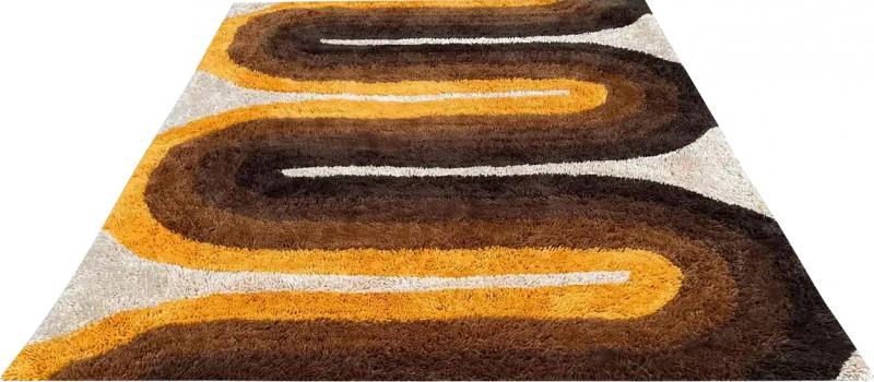 Mid Century Danish Style Rya Area Shag Rug in Modern Wave Design