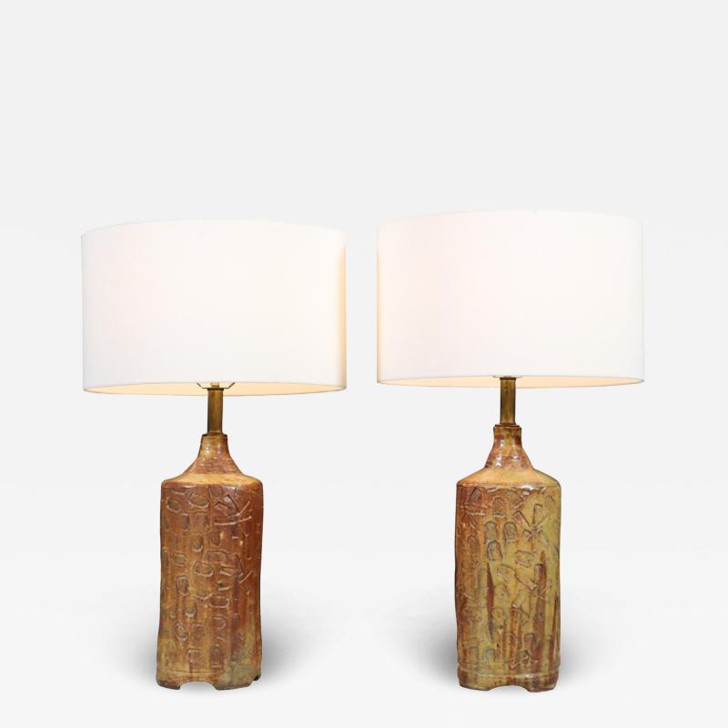 Mid Century Earthy Glazed Table Lamps w Abstract Relief Design