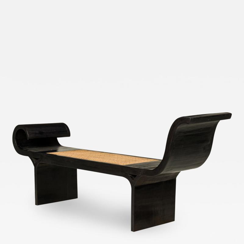 Mid Century Ebonized Wood Scrolled Side Caned Seat Bench