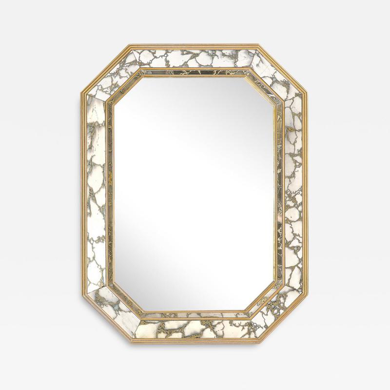 Mid Century Elongated Octagonal Smoked Antiqued Gold Vein Mirror w Gilt Wood