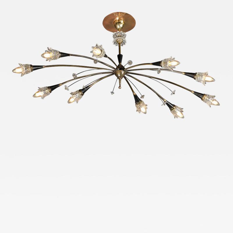 Mid Century Expansive Patinated Brass Enamel Sputnik Chandelier w Florets