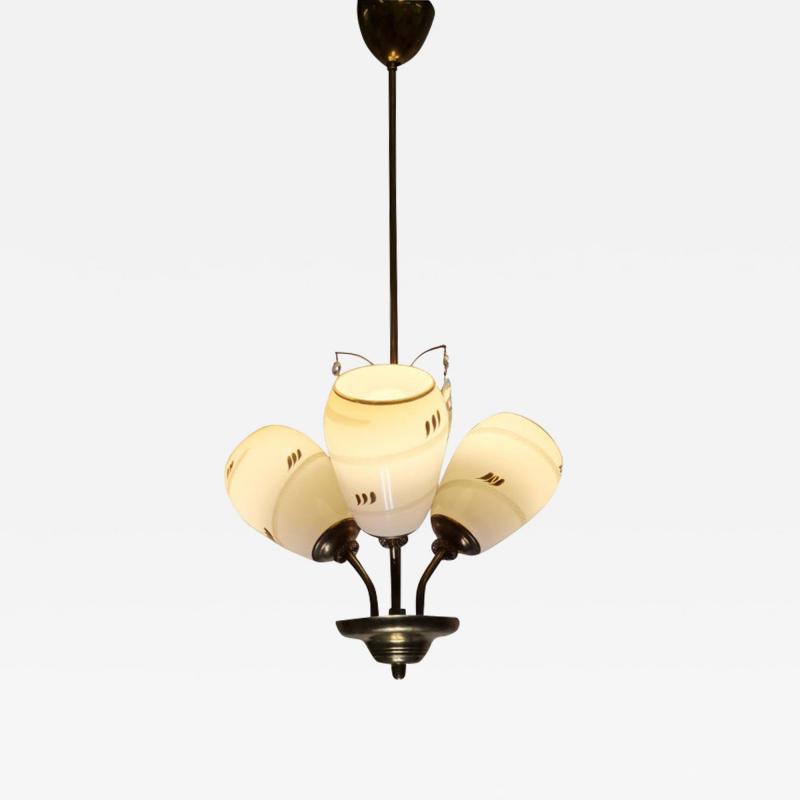 Mid Century Finnish Design Lamp in Brass Hand Painted Glass and Crystals 1950s