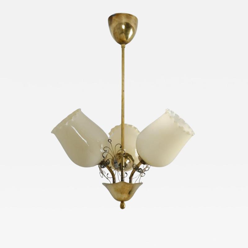 Mid Century Finnish Design Lamp in Brass and Beige Opaline Glass 1950s