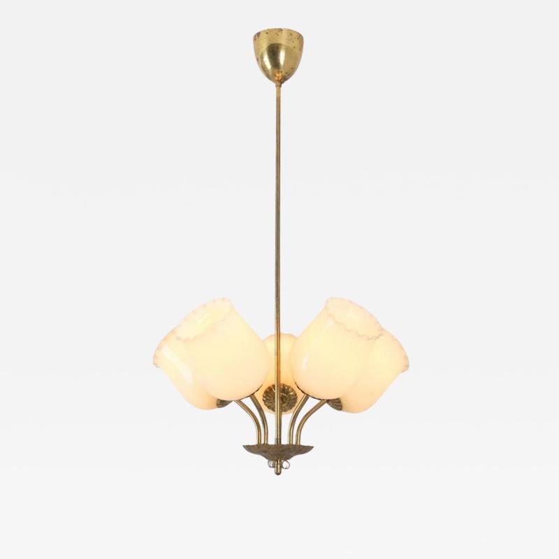 Mid Century Finnish Design Lamp in Brass and Beige Opaline Glass 1950s