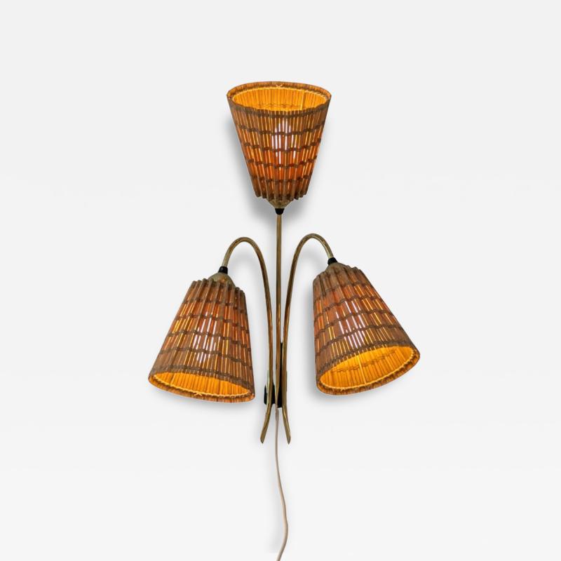 Mid Century Finnish Design Wall Lamp in Brass Wooden Slatted Shades 1950s