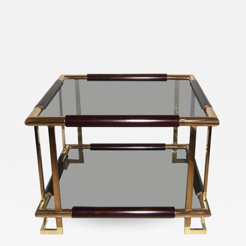 Mid Century French Brass Wood and Smoked Glass Side Table