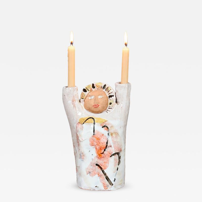 Mid Century Glazed Ceramic Abstract Figure Candle Holder