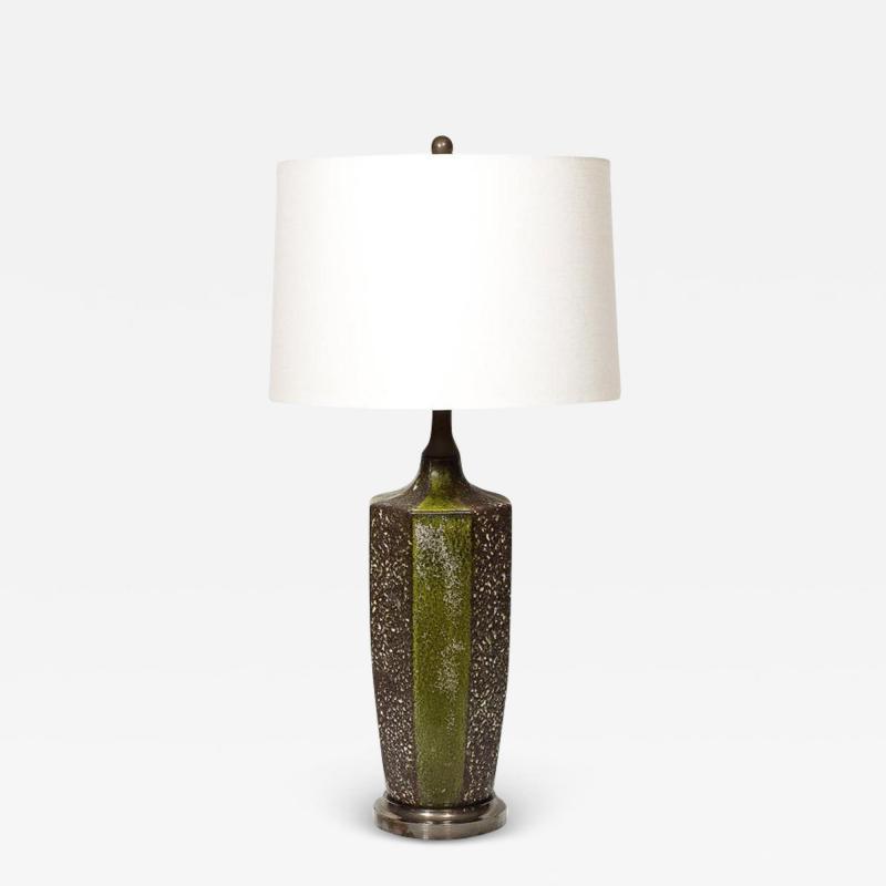 Mid Century Green Umber Ceramic Lava Glaze Table Lamp w Antiqued Fittings