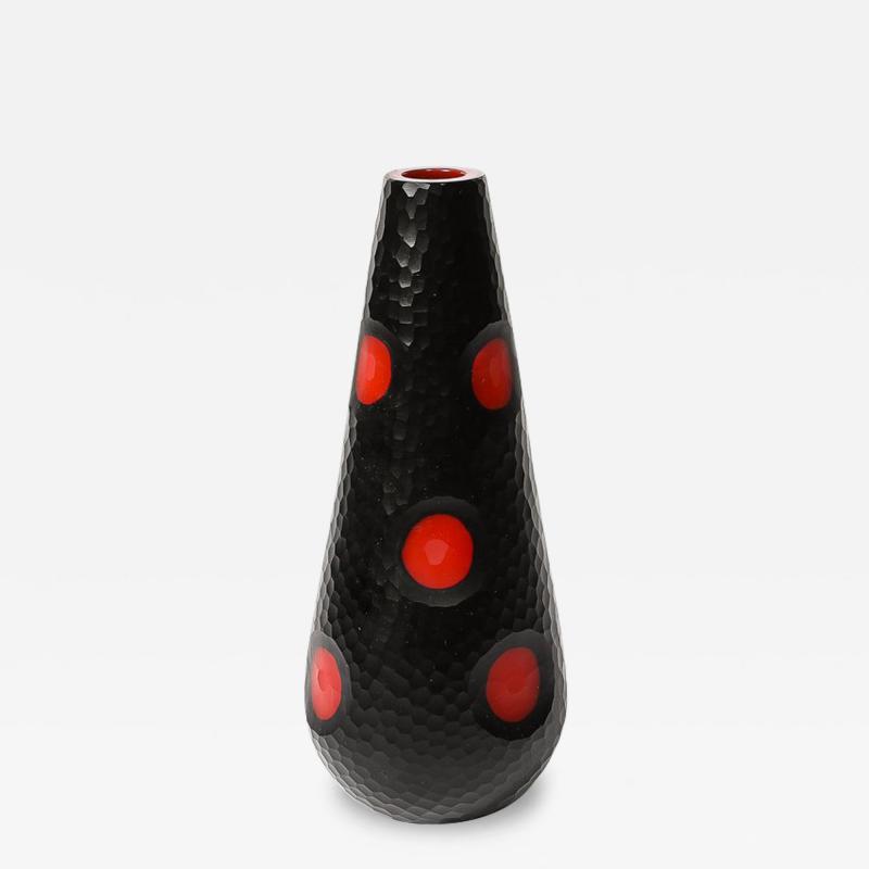 Mid Century Hand Blown Black W Vermillion Detailing Murano Battuto Glass Vase