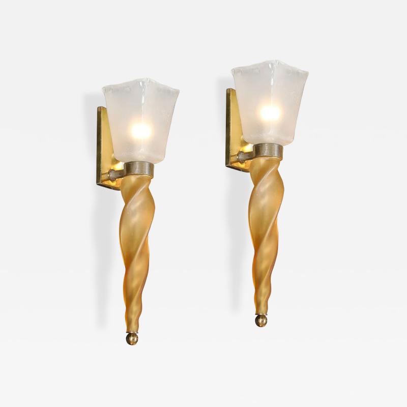 Mid Century Hand Blown Murano Frosted Glass Sconces with Spiral Amber Drop