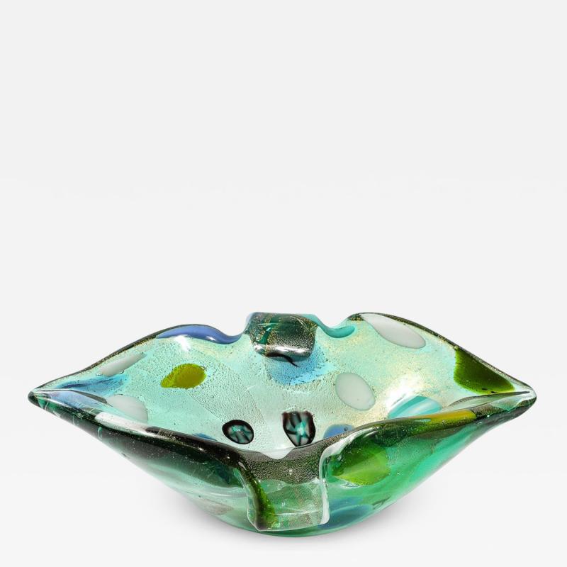 Mid Century Hand Blown Murano Glass Emerald Green Millefiori Detailed Bowl